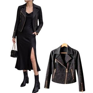 MIDNIGHT VELVET Black Jacquard Moto Jacket | Gothic Luxe Biker Chic - Medium